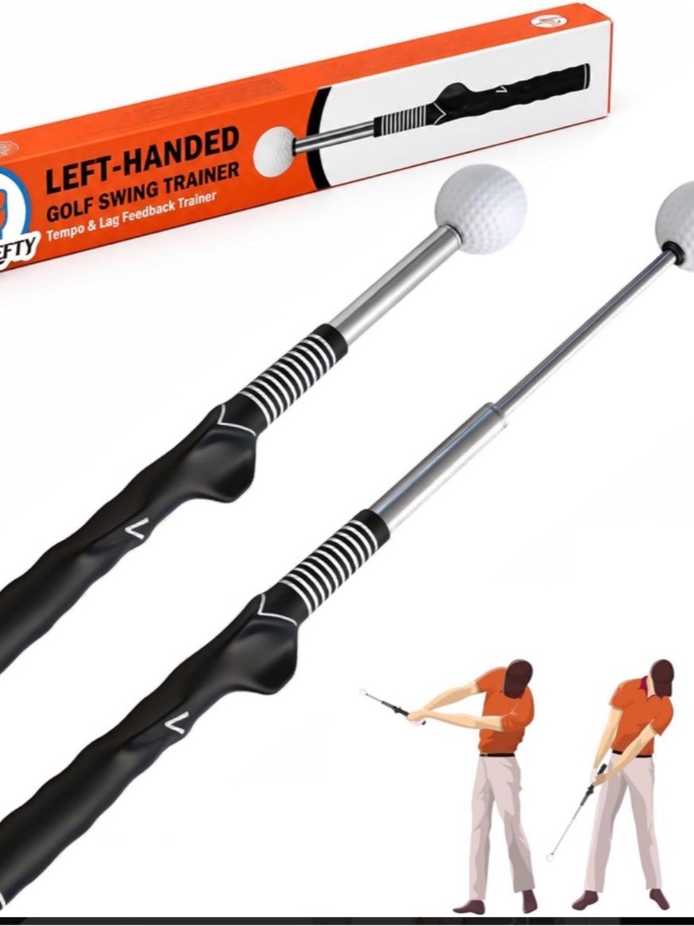 Left-Handed Golf Swing Trainer with Practice Ball - Black & Silver